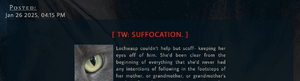 A screenshot of a Beyond the Pale forum post. In red bold letters, it reads "TW: Suffocation" above the text of the post.